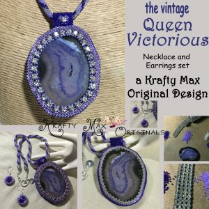 Queen Victorious Beadwoven Purple Agate Slice Necklace and Earrings with Vintage Crystals