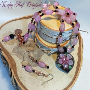 Pink Quartz Swarovski Pearls Copper and Glass Heart Necklace set 1