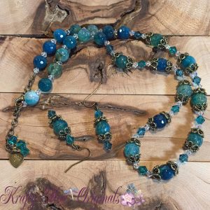 Teal Agate and Antique Gold with Swarovski Crystal Necklace Set 1
