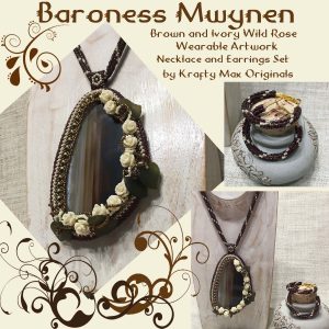 Baroness Mwynen – Brown and Ivory Wild Rose Wearable Artwork Necklace and Earrings Set