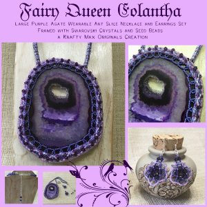 Fairy Queen Eolantha – Large Purple Agate Wearable Art Slice Necklace and Earrings Set – Framed with Swarovski Crystals and Seed Beads