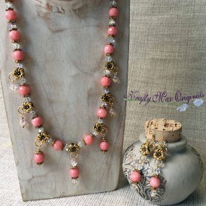 Pink Rhodonite and Gold Swirl with Swarovski Crystals Necklace Set