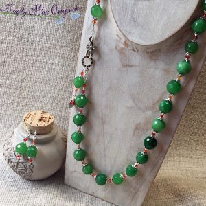 Green Gemstone and Orange Swarovski Crystals Necklace Set with Front Clasp