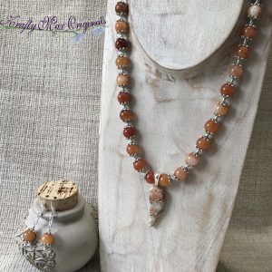 Orange Drop Gemstone Necklace and Earrings Set with Silver Plated End Caps
