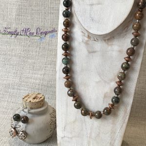 Copper and Silver African Green Opal Necklace and Earrings Set