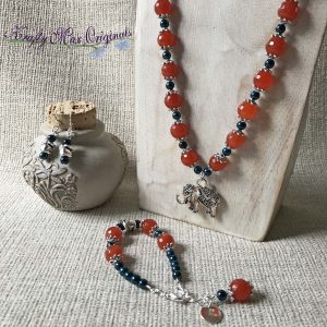Orange Gemstones and Blue Swarovski Crystals with Elephants – Necklace Bracelet and Earrings Set