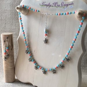 Peach and Green Gemstones with Green Swarovski Crystals and Silver Plated Starfish Necklace Set