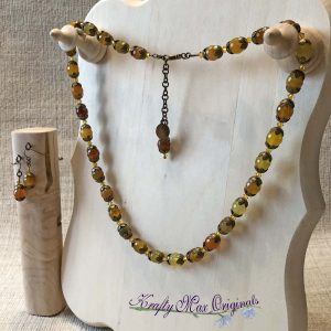 Yellow Green Gemstone and Antique Gold Necklace Set with Swarovski Crystals