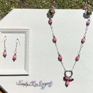 Pink Red Gemstone and Swarovski Crystal Dangle Necklace Set