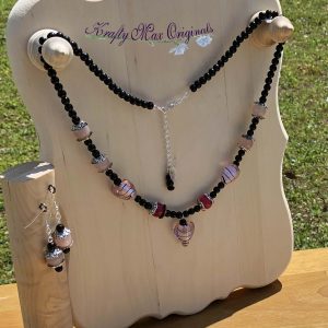 Pink and Black Glass Hearts Necklace Set