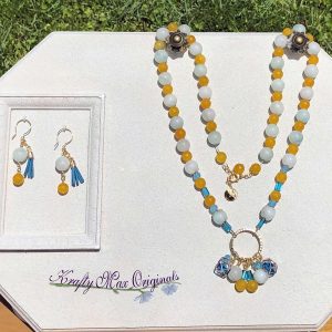 Teal and Yellow Gemstones LONG Necklace Set with Beads from Jessie James Beads