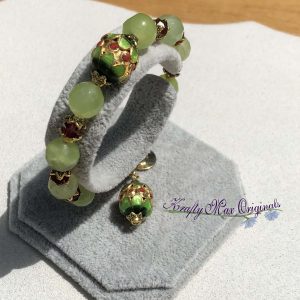 Green Gemstone and Red Swarovski Crystals with Cloisonné Bracelet