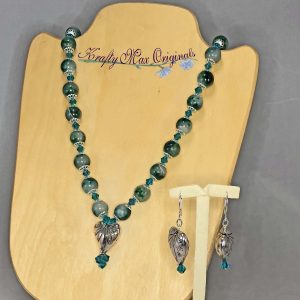 Green/Aqua Gemstones with Swarovski Crystals and Silver Plated Heart Necklace Set