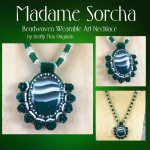 Madame Sorcha (Green and White) Beadwoven Wearable Art Necklace