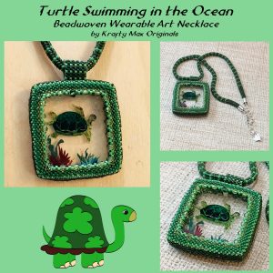 Green Turtle in the Ocean Beadwoven Wearable Art Necklace