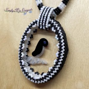 Black and White Penguin Beadwoven Wearable Art Necklace with Center from Wildlife Plastics