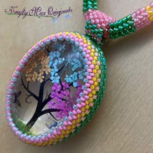 Flower Tree with Green Pink and Yellow Beadwoven Wearable Art Necklace